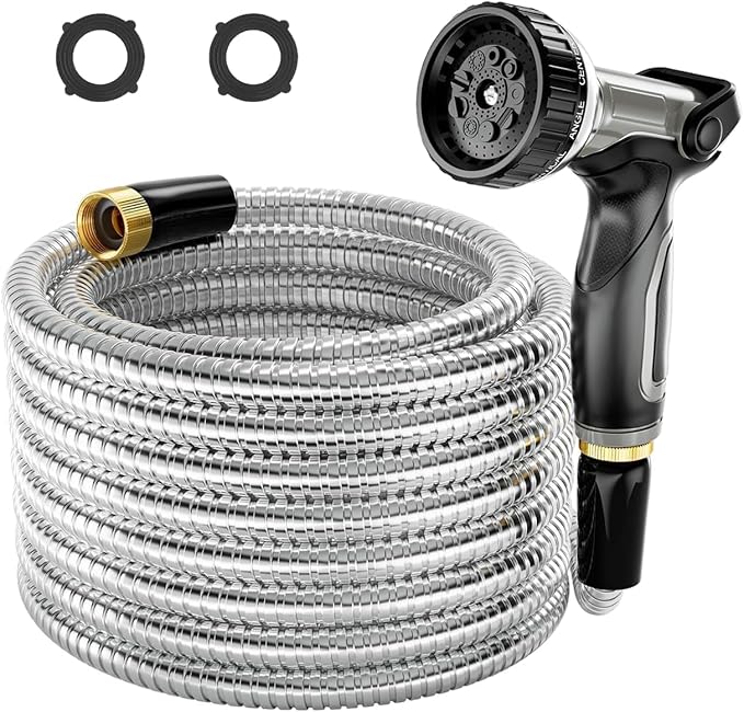SPECILITE 1/2" 304 Stainless Steel Garden Hose, 25FT Water Pipe with Heavy Duty Metal Nozzle for Yard, Outdoor, Lawn - Flexible, Never Kink & Tangle, Puncture Resistant