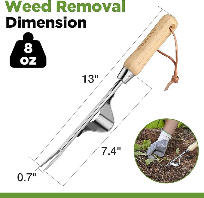 WORKPRO Weed Puller Tool, Metal Leverage Base and V-Shaped Forks for Easy Weed Removal & Deeper Root Digging, Heavy Duty Stainless Steel with Wood Handle, Manual Hand Weeder for Gardening