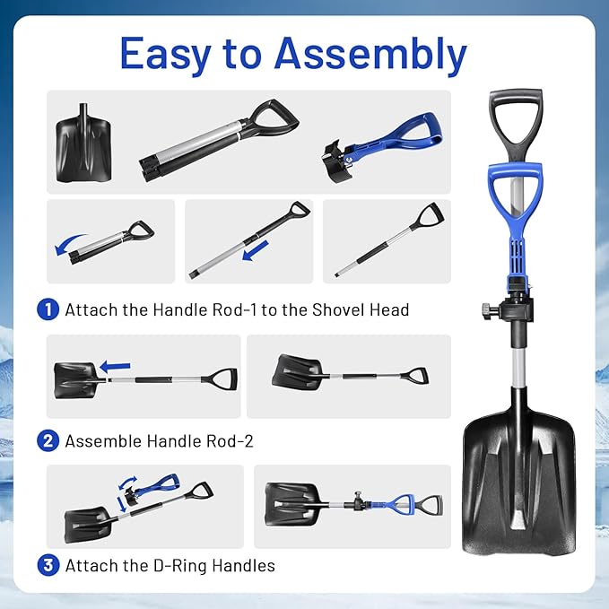 40" Foldable Snow Shovel with Dual D-Handle, No Tools Quick Assembly,Lightweight for Car Emergency, Camping & Easy Storage