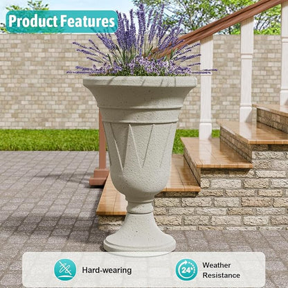 Tall Plastic Urn Planters for Outdoor Plants Set of 2-23.6" H Classic Trophy Design Indoor Large Flower Pots with Drainage Holes, Outdoor Planters for Porch Decor/Garden Vase, Off-White