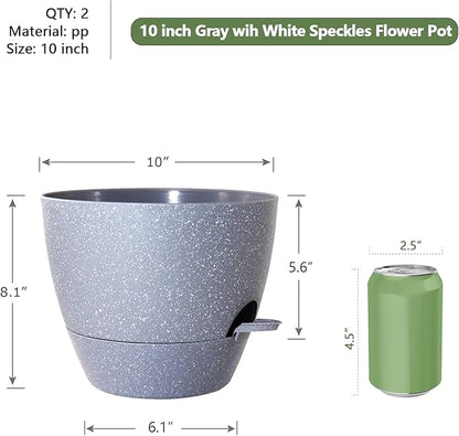10 inch Self Watering Pots, Planter, Plant Pots with Mesh Drainage Holes for Indoor Outdoor House Plants and Garden, Set of 2 Plastic Flower Pots with Deep Reservoir, Speckled Grey