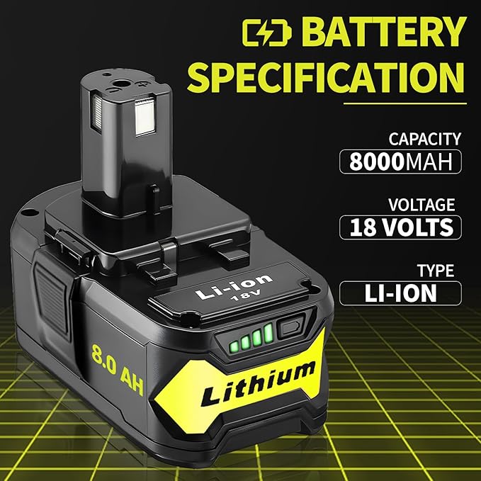 1 Pack 8.0Ah High Capacity Replacement for Ryobi 18v Battery P108 P104 P105 P102 P103 P122 P109 Li-ION Compatible with Ryobi 18V ONE+ System Cordless Power Tools and Charger