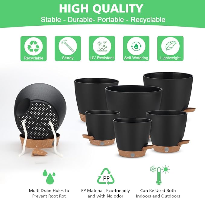Self Watering Planter Set with Visual Water Level, 6Pack Small Plastic Pot with Drainage Holes and Reservoir Saucers, Modern 8+7+6.5+6+5.5+5 Inch Bottom Watering Flower Pots for Indoor Plant - Black