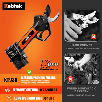 Electric Pruning Shear, Kebtek Cordless Electric Pruner Heavy Duty Electric Branch Cutter Brushless Motor with 2PCS 2500mAh 8-10H Working Time, 30mm (1.18 Inch) Cutting Diameter (KT930) Smooth-CUT