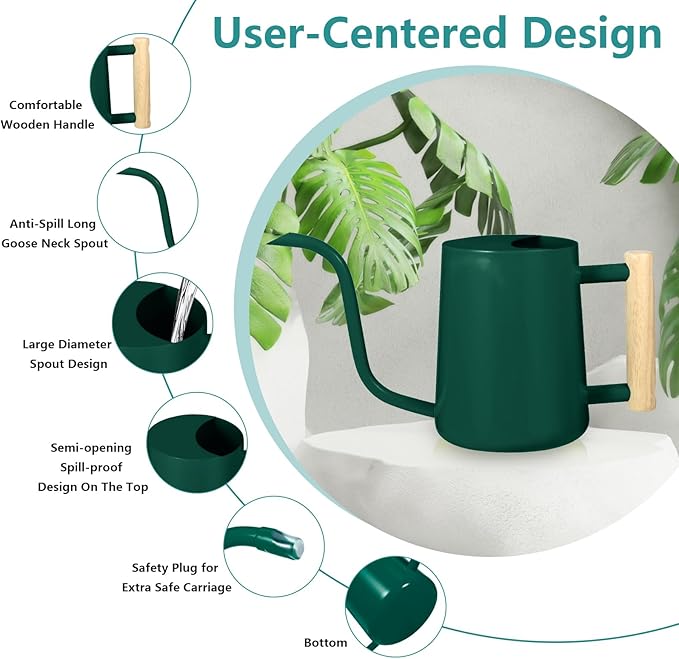 Watering Can Indoor Plants, 35oz Small Indoor Stainless Steel Metal Watering Can Modern Decorative Watering Pot with Long Spout for Indoor House Plant Bonsai Garden Flowers (Alpinegreen)