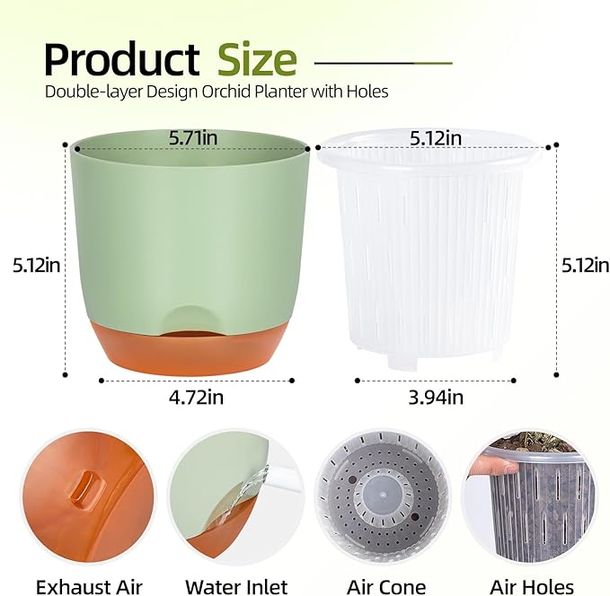 QCQHDU 2 Pack 5.7 Inch Orchid Pots with Holes for Repotting, Double-Layer and Self Watering Orchid Pot with Good Air Circulation