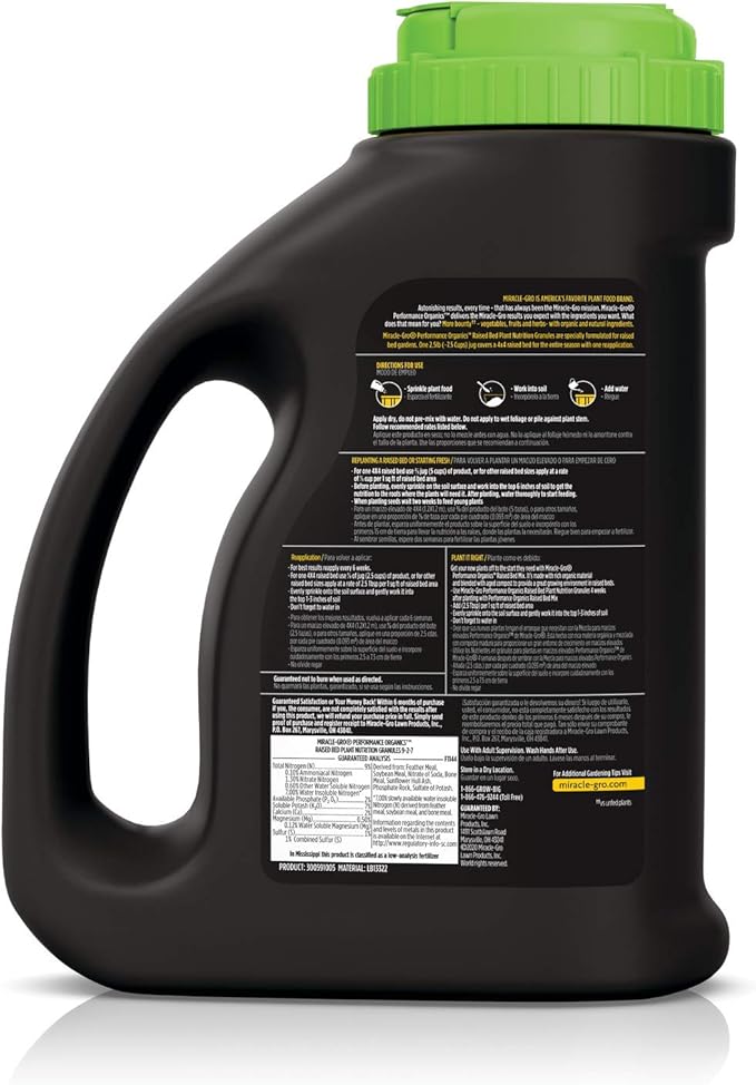 Miracle-Gro Performance Organics Raised Bed Plant Nutrition Granules - Plant Food with Natural & Organic Ingredients, for Vegetables, Fruits, Herbs and Flowers in Raised Beds, 2.5 lbs.