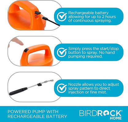 BIRDROCK HOME Garden Sprayer with Battery Powered Pump - Stainless Steel Wand, Rechargeable, Adjustable Spray, & Portable for Lawn, Garden, Plants, and Cleaning - White Translucent Body - 2-Gallon