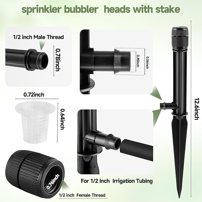 10 Pack Sprinkler Bubbler Heads with Stake Adjustable Water Flow Irrigation Spray Emitters Sprinkler Heads with Stake for 1/2 Inch Irrigation Tubing for Tree,Shrubs,Garden Watering System