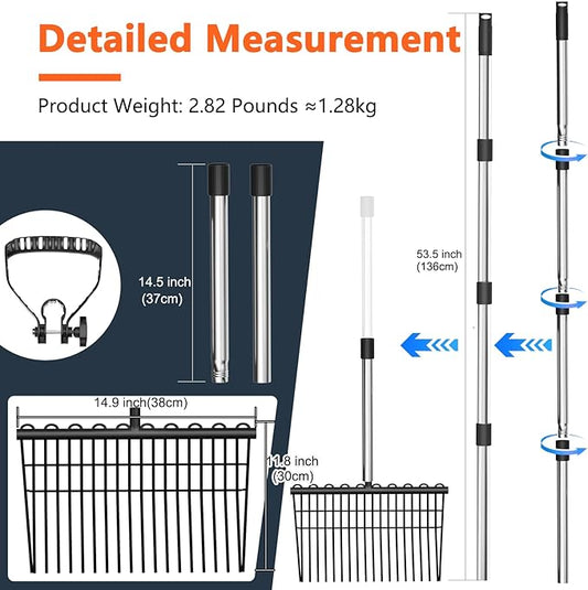 Pitch Forks for Garden with 18 Tines, 53" Non-Slip Adjustable Steel Handle, Durable Broadfork for Turning Mulch and Hay, Gardening Pitchfork with Universal Extension Handle Attachment For Licorice