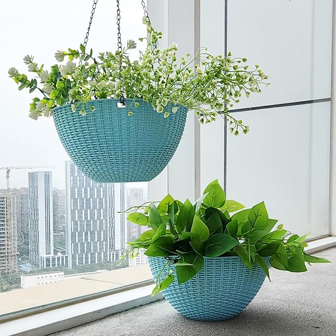 Hanging Planters for Outdoor Plants 8/10 Inch, 4 Packs Hanging Flower Pot Indoor with Drainage Holes, Self-Watering Hanging Basket Perfect for Home, Office and Garden (Sky Blue)