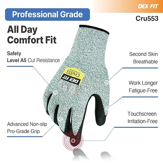 DEX FIT Level 5 Cut Resistant Gloves Cru553, 3D-Comfort Fit, Firm Grip, Thin & Lightweight, Touch-Screen Compatible, Durable, Breathable & Cool, Machine Washable; Green L (9) 1 Pair