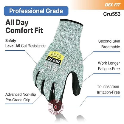 DEX FIT Level 5 Cut Resistant Gloves Cru553, 3D-Comfort Fit, Firm Grip, Thin & Lightweight, Touch-Screen Compatible, Durable, Breathable & Cool, Machine Washable; Green L (9) 1 Pair