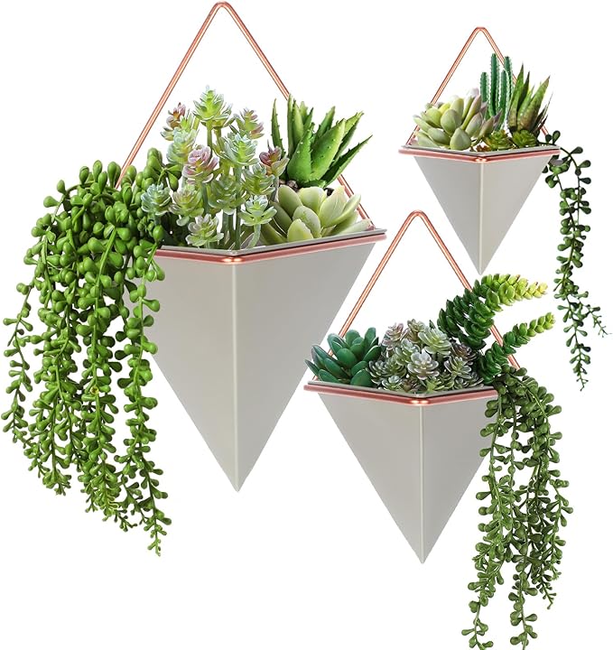 Rtteri 15 Pcs Hanging Wall Planter with Artificial Succulents Plants Indoor Decor, Faux Wall Planter with Geometric Vase Pot (8.2/5.9/4 Inch Size) Art for Home Bedroom Room