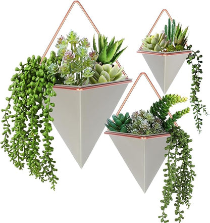 Rtteri 15 Pcs Hanging Wall Planter with Artificial Succulents Plants Indoor Decor, Faux Wall Planter with Geometric Vase Pot (8.2/5.9/4 Inch Size) Art for Home Bedroom Room