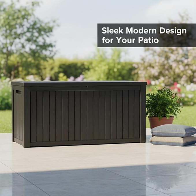 180 Gallon Resin Deck Box with Lockable Lid - Outdoor Waterproof Storage for Patio Furniture, Garden Tools, Cushions & Pool Accessories, All-Weather Wood Grain Design
