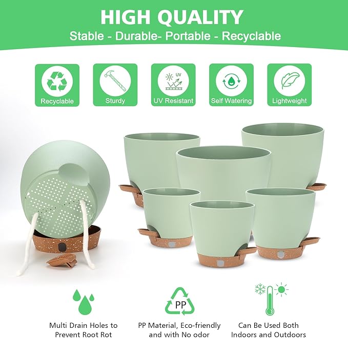 Self Watering Planter Set with Visual Water Level, 6Pack Small Plastic Pot with Drainage Holes and Reservoir Saucers, Modern 8+7+6.5+6+5.5+5 Inch Bottom Watering Flower Pots for Indoor Plant - Green