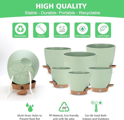 Self Watering Planter Set with Visual Water Level, 6Pack Small Plastic Pot with Drainage Holes and Reservoir Saucers, Modern 8+7+6.5+6+5.5+5 Inch Bottom Watering Flower Pots for Indoor Plant - Green