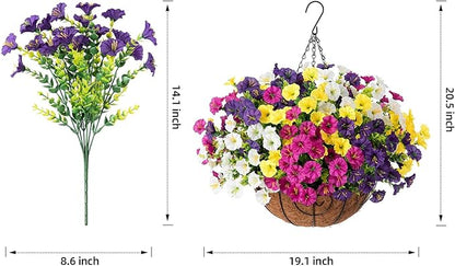 Artificial Faux Hanging Flowers Plants Baskets for Outdoors Spring Decor, Fake Silk Morning Glory in Planter UV Resistant Realistic Outdoor Flowers for Outside Porch Patio Balcony Garden Yard Home