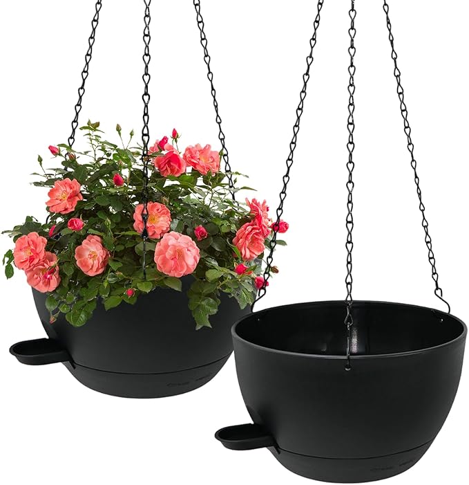 WOUSIWER Self Watering Hanging Planters, 2 Pack 10'' Plastic Pots with Drainage Holes & Reservoir Tray (Black) | Indoor & Outdoor Use for Ferns, Ivy, Herbs, Succulents