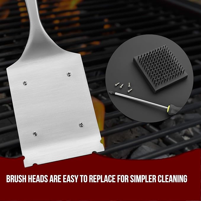 KULUNER Premium Grill Brush and Scraper - Solid Wood Handle, Scratch-Free Stainless Steel Bristles, Includes Replacement Brush Head - Features Bottle Opener, Compatible with All Grills