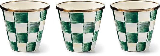MACKENZIE-CHILDS Enamel Herb Pots, Small Plant Pots for Herbs or Flowers, Set of 3, Green-and-White Emerald Check