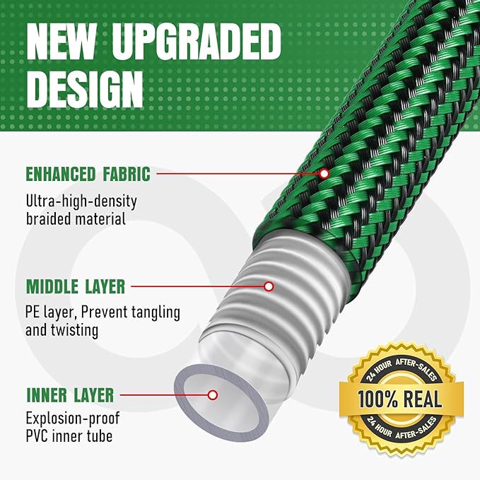 Garden Hose 25 ft NON-EXPANDABLE Water Hose, Flexible & Lightweight Kink Resistant Hybrid Hose, Leak-Proof Heavy Duty, Super Durable Fabric with 3/4" Solid Brass Connectors