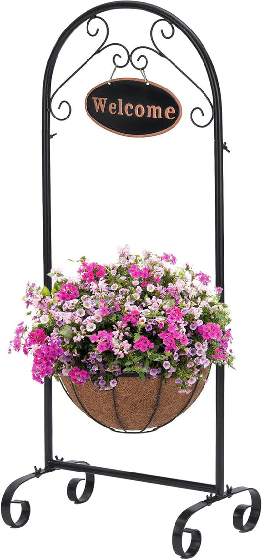 BAYN Metal Welcome Planter Basket Stand with Coco Liner, 39.5” Hanging Planter Stand with Decorative Welcome Sign Outdoor Decor for Garden, Patio, Deck, Entry and Front Porch