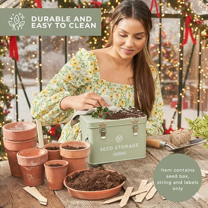 Seed Storage Box – Metal Seed Packet Organizer with Garden String and Bamboo Plant Labels. Seed Container Storage delivering complete Seed Saving Organization for every Garden Lover.