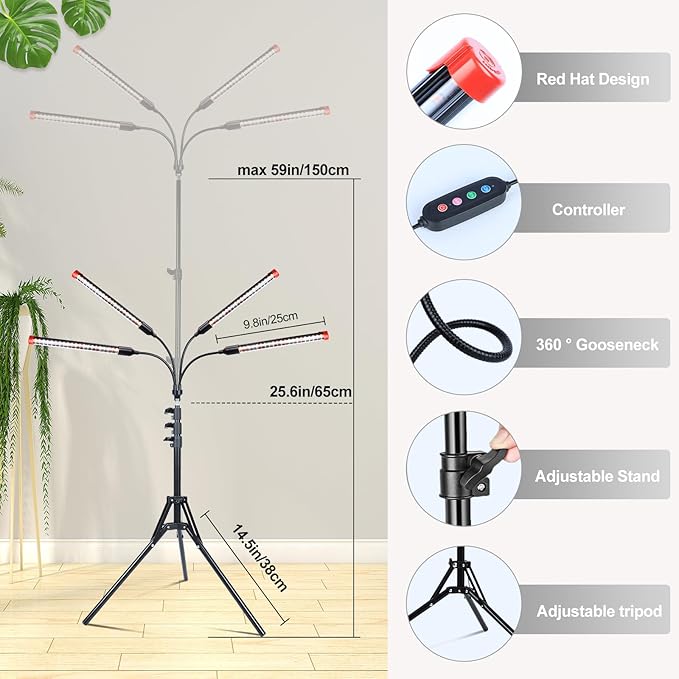 FECiDA Gamechanger! 36W 4Head Grow Light with Tripod Stand, 2025 Big Coverage LED Grow Lights for Indoor Plants, Bonsai Tree, Full Spectrum Tall Plant Growing Lamp 4,8,12,16 Hr Timer