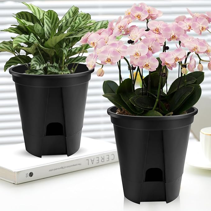 Cdd's Path 5-Pack 6 Inch Self Watering Pots Set with Holes for Indoor/Outdoor Plants,Planter Pot with Watering Hole/Reservoir and Air Pipes,Black