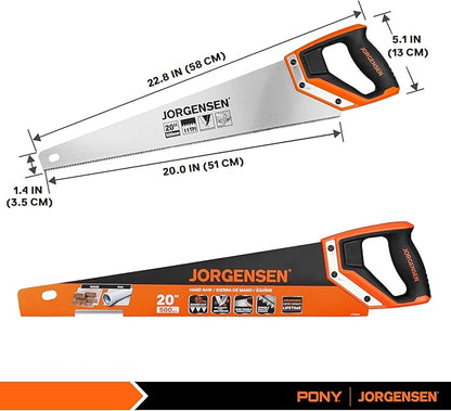 JORGENSEN 20 Inch Pro Hand Saw, 11 TPI Fine-Cut Ergonomic Non-Slip Aluminum Ultrasonic Welding Handle for Sawing, Trimming, Gardening, Woodworking, Drywall, Plastic Pipes