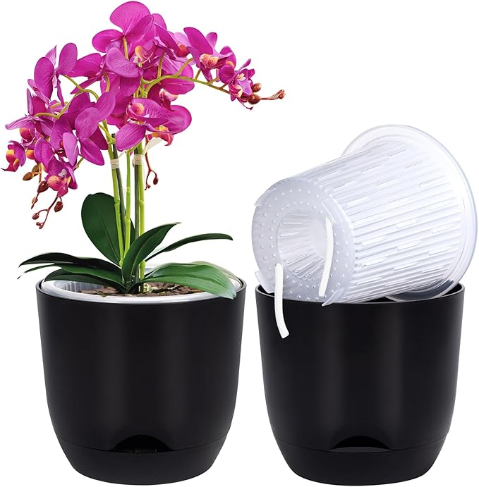 QCQHDU 2 Pack 5.7 Inch Orchid Pots with Holes for Repotting, Double-Layer and Self Watering Orchid Pot with Good Air Circulation
