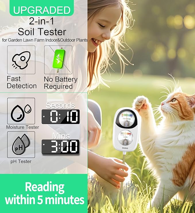 2-in-1 Soil Moisture Meter, Soil PH Meter, Large Dual-Screen Soil PH Tester & Moisture Meter for Plants Indoor&Outdoor Garden,Lawn,Farm Soil Test Kit-No Battery Needed (Milky White)