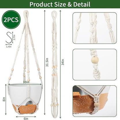 GARDIFE 10 Inch Hanging Planters with Macrame Plant Hanger for Indoor and Outdoor Plants, 2 Pack Large Self Watering Hanging Plant Pot with Basket Flower Pot with Drainage Hole, White