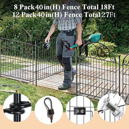 Tall Garden Animal Barrier Fence With Gate,40 in(H)×27 in(L) 12 Panels Dog Digging Fence Barrier, Black Metal Temporary Fences, Reusable Defense Fencing For Outdoor Yard. Total 26.2 Ft│Patented