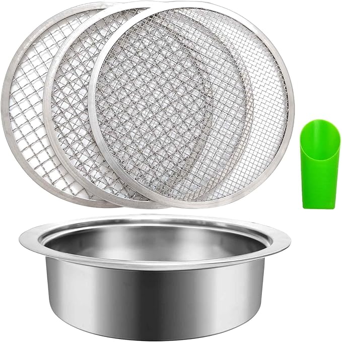 3PCS Interchangeable Mesh Soil Sifter for Gardening - 3/6/9mm Stainless Steel Stackable Sieve with Soil Scoop, Ideal for Dirt Sand Rock Compost Filtration