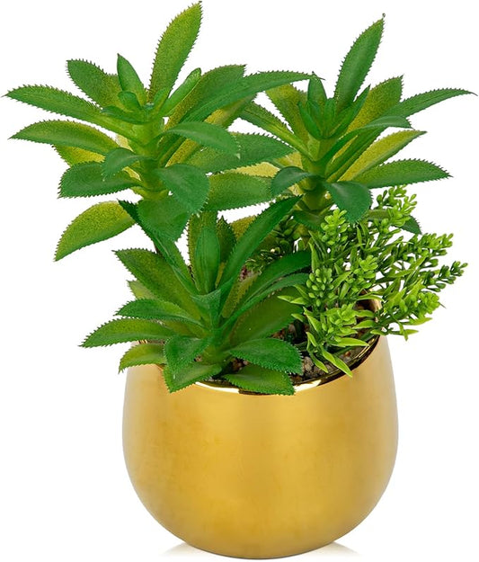 Briful Artificial Succulents Plants in Ceramic Pot, Faux Succulent with Gold Planters – Modern Desk Decor for Home Office Shelf Bathroom, Small Fake Plants Potted