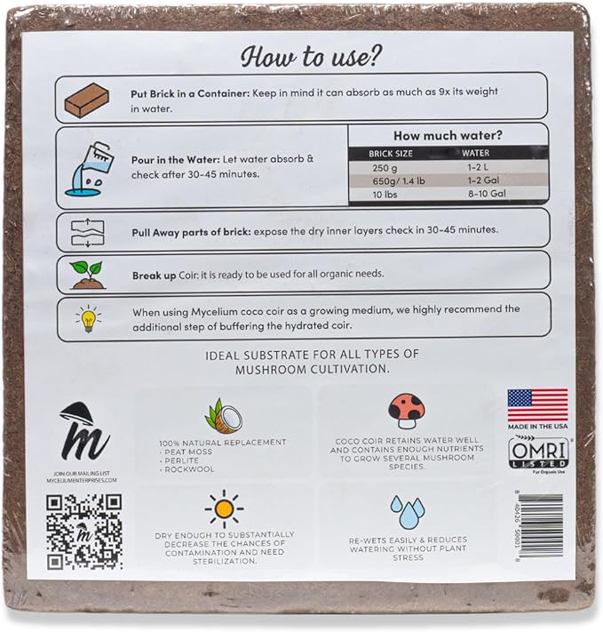 Mycelium Coco Coir Brick Mushroom Growing Kit I Expandable Organic Coconut Fiber Substrate I Indoor Mushroom Cultivation for Starter & Pro Home Growers I OMRI Certified & Non-GMO, 10lbs