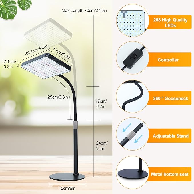 FECiDA Desk Grow Lights for Indoor Plants, Table Top Grow Light UV-IR Full Spectrum, 2000 Lumen LED Bonsai Houseplant Growing Lamp with On/Off Switch, 16"-24" Height Adjustable
