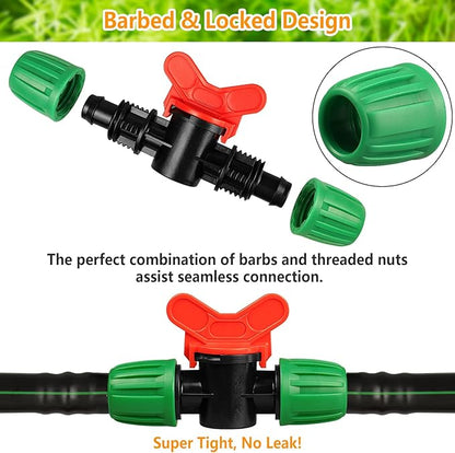 Drip Irrigation Fittings for 1/2 Inch Drip Tubing, 24 Pcs 1/2" Drip Line Barbed Locked Nut Connectors - 5 Couplings 4 Tees 4 Reducing Tees 4 End Caps 3 Elbows 2 Valves 2Pcs 3/4" Faucet Adapters