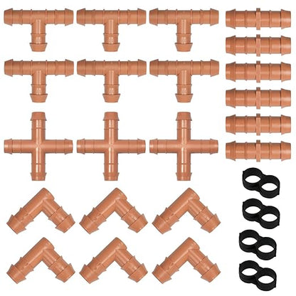 1/2 Inch Drip Tubing Irrigation Fittings Kit - 25 Pieces Set 1/2'' Drip Line Barbed Connectors- 6 Tees 6 Couplings 6 Elbows 4 Ends 3 Crosses for Garden Potted Plants Irrigation System