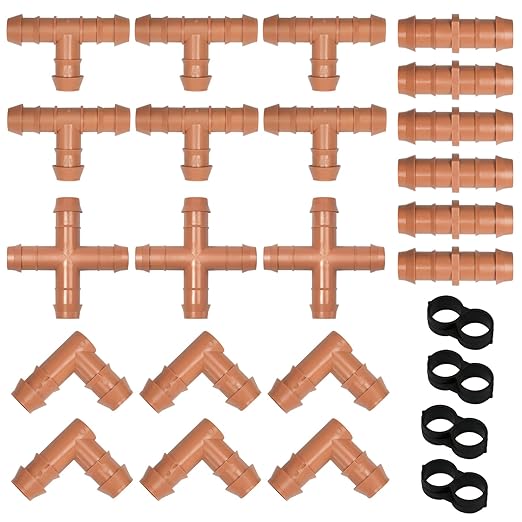 1/2 Inch Drip Tubing Irrigation Fittings Kit - 25 Pieces Set 1/2'' Drip Line Barbed Connectors- 6 Tees 6 Couplings 6 Elbows 4 Ends 3 Crosses for Garden Potted Plants Irrigation System