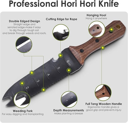 Hori Hori Garden Knife, Garden Tools with Sheath for Weeding, Planting, Digging, 7" Stainless Steel Blade with Cutting Edge, Full-Tang Walnut Wood Handle with Hanging Hole