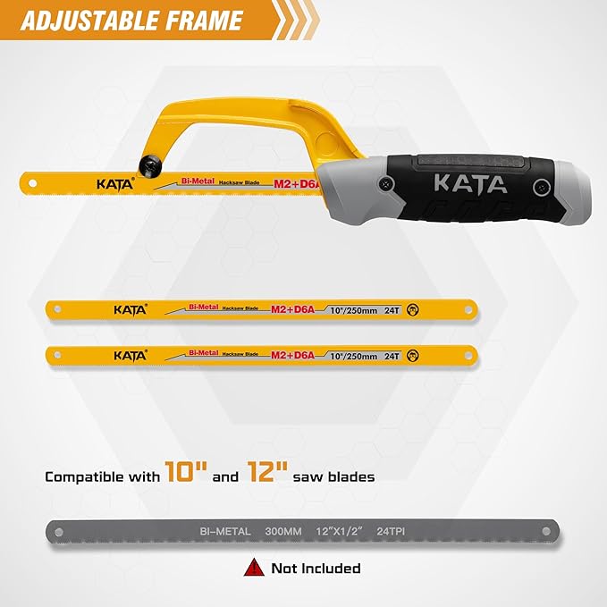 KATA Mini Hacksaw for Metal Cutting, Compact Hand Hack Saw Tool with 10 Inch Aluminum Frame and 2 Piece Extra Flexible Bi-Metal HSS Saw Blades, Small Handsaw Cutter for Wood, PVC, Iron, Copper