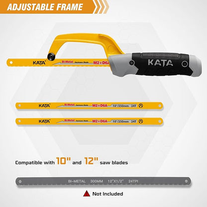 KATA Mini Hacksaw for Metal Cutting, Compact Hand Hack Saw Tool with 10 Inch Aluminum Frame and 2 Piece Extra Flexible Bi-Metal HSS Saw Blades, Small Handsaw Cutter for Wood, PVC, Iron, Copper