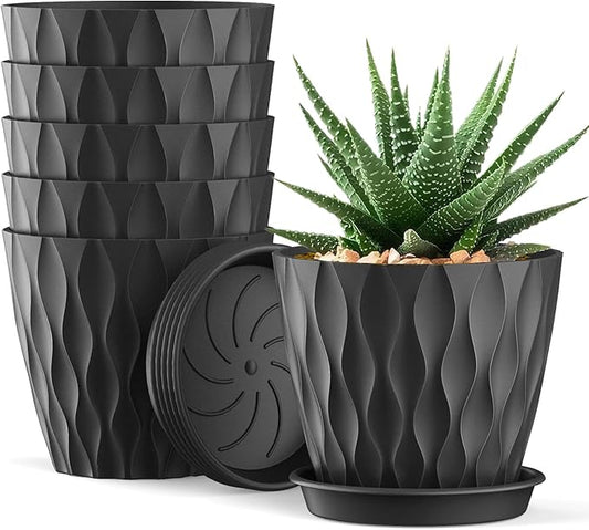 4 Inch Small Pots for Plants, 6 Pack Waffle Texture Small Plant Pots for Succulents, Plastic Planter with Drainage Holes and Saucers for Indoor Outdoor Plants, Flowers, Herbs, Seedlings,Black