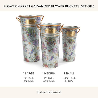 MACKENZIE-CHILDS Galvanized Flower Buckets, Decorative Metal Buckets, Flower Market, Set of 3