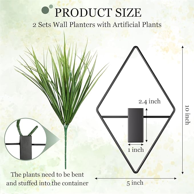 Cute Set of 2 Small Wall Hanging Planters, 10x5 Inch Mini Geometric Wall Vase with Artificial Plants, Compact Boho Farmhouse Decor for Bathroom, Living Room, Bedroom, Office (Black)