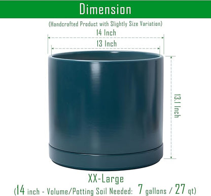 D'vine Dev 14 Inch Ceramic Planter Pot with Drainage Hole and Saucer, Indoor Cylinder Round Planter Pot, Teal, 94-O-G-9